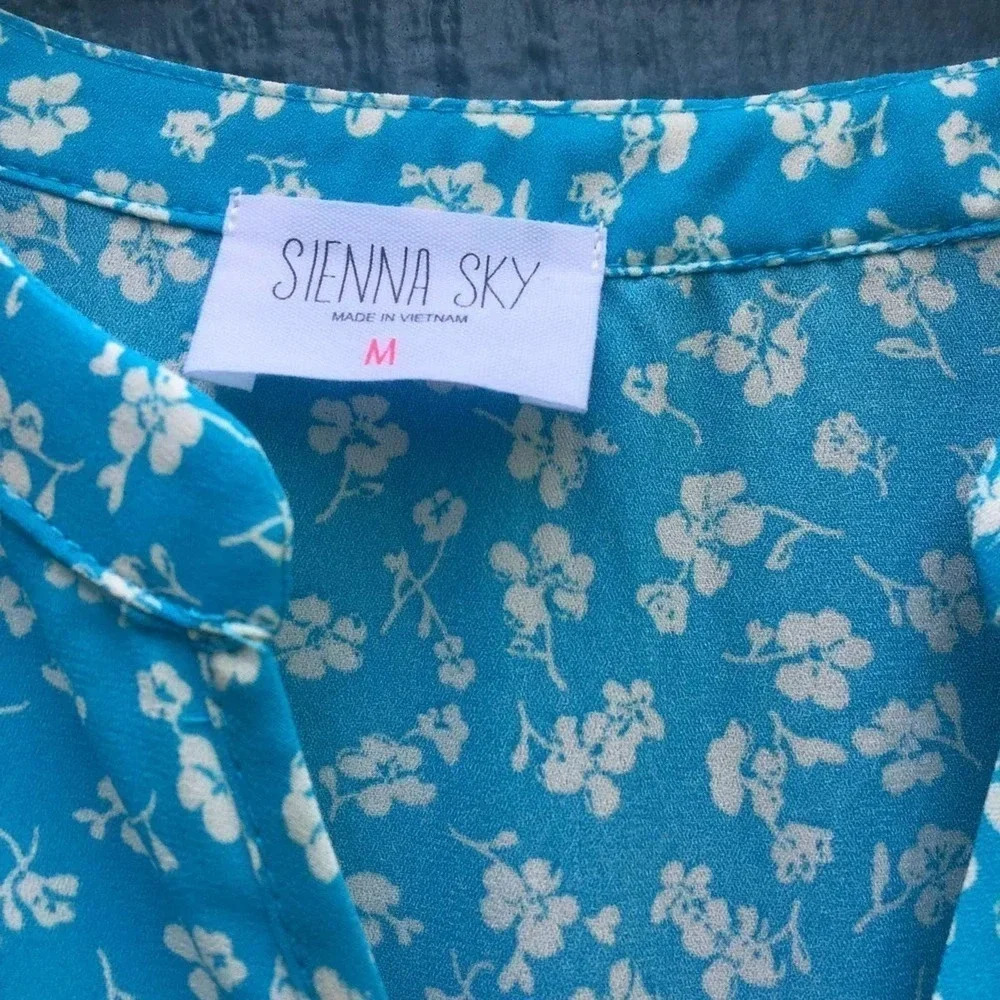 Sienna Sky Women White Small Floral Aqua Blue Mini Dress Medium - Picture 3 of 5